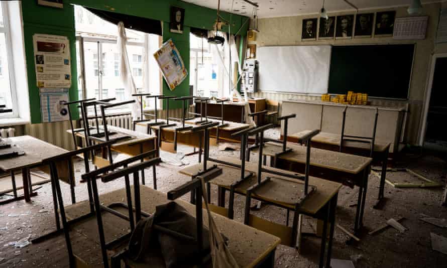 A school classroom dusty and deserted after the bombing in Shevchenkove, during the Russian invasion of Ukraine.