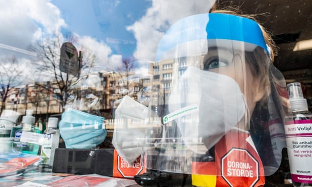 Protective equipment on display at a shop in Berlin.