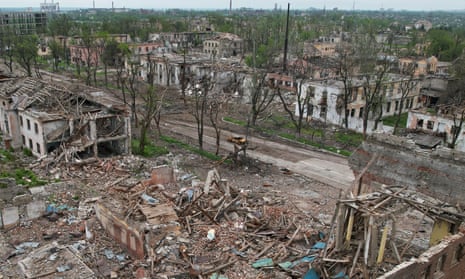 Destroyed buildings located near the Azovstal steel works in the southern port city of Mariupol.