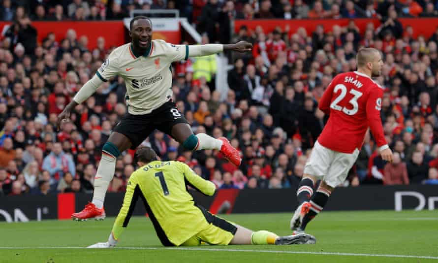 Naby Keïta celebrates after scoring Liverpool's first goal at Old Trafford.