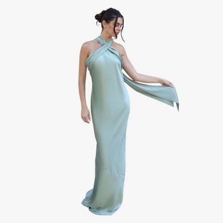 Rewritten Roma Dress in Sage Green Satin – Halterneck Maxi Bridesmaid Dress