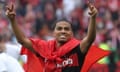 Amine Adli celebrates the completion of Bayer Leverkusen’s unbeaten season at Augsburg