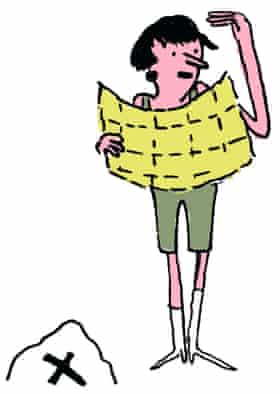 Illustration of a woman reading a map, with an x on the ground beneath her