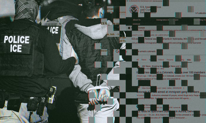 Ice has updated the timestamps on old press releases, making them appear more recent in Google searches. Composite: Angelica Alzona/Guardian Design; Photo by Kevin Mohatt via Reuters