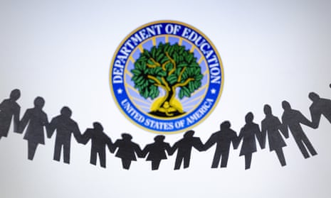 the department of education seal is displayed behind cut-out paper figures chain