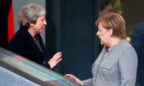 Theresa May leaves after her meeting with German Chancellor Angela Merkel at the Chancellery in Berlin today.