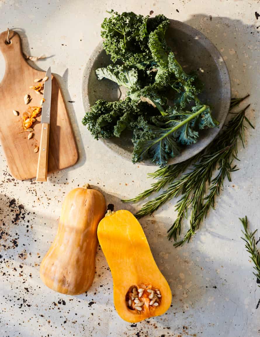 Crispy baked squash and gnocchi gratin with creme fraiche, feta and kale.