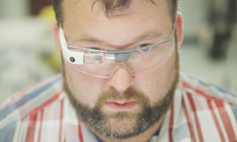 A factory worker at agricultural machinery-maker AGCO in Jackson, Minnesota, wearing Google Glass Enterprise Edition.