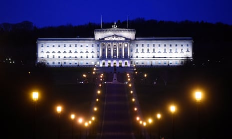 Night-time view of parliament buildings at Stormont, Belfast, Northern Ireland