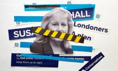 A composite of Susan Hall and cutouts of her campaign leaflets with phrases including 'Londoners'. 'Conservatives' and 'cut crime'.