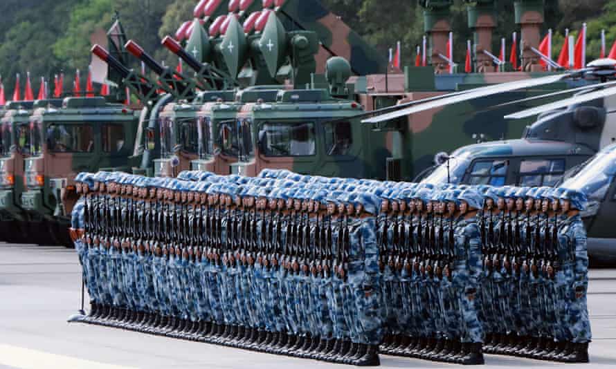 Soldiers of the Chinese People’s Liberation Army garrison on parade at Shek Kong barracks in Hong Kong.