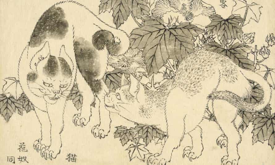 Cats and Hibiscus, one of the works bought by the British Museum. It shows two cats against a background of leaves.