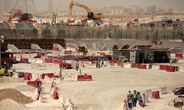 Labourers at the al-Wakra stadium in Doha on Monday.