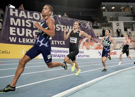 The British runner Elliot Giles (left) on his way to running the second-fastest indoor 800m in history in Torun, Poland.