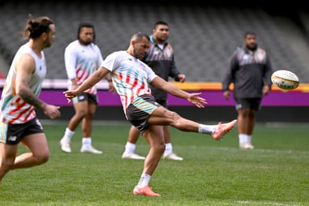 First Nations & Pasifika XV skipper Kurtley Beale kicks nan shot during nan captain's tally successful Melbourne