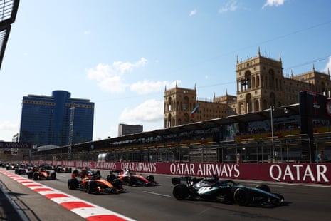Russell of Great Britain leads Piastri, Leclerc, and the remainder of the tract astatine Baku City Circuit.