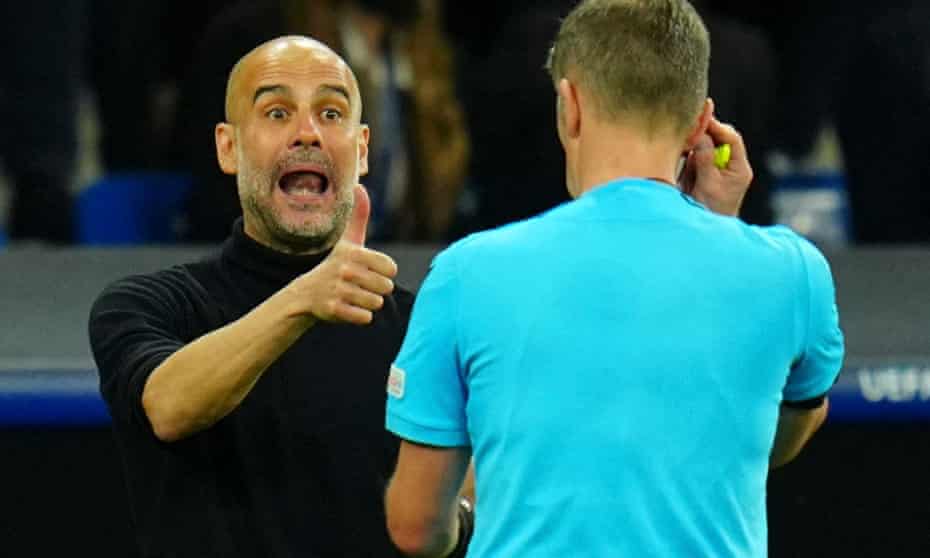 Pep Guardiola has a run-in with the referee during Manchester City’s Champions League defeat to Real Madrid