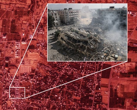 A composite of a satellite image of destruction in Gaza and a photograph.