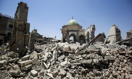 The destroyed al-Nuri mosque and its gate in the old city of Mosul.