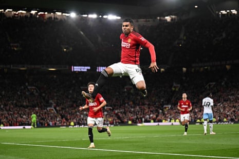 Manchester United’s Brazilian midfielder celebrates scoring.