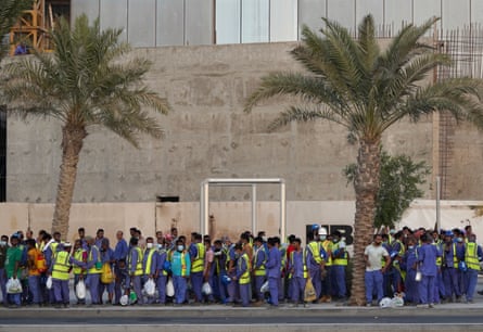Labourers on the Katara Towers project in Lusail City leave the site at the end of the day