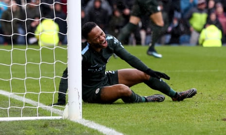 Raheem Sterling reacts after missing from close range.