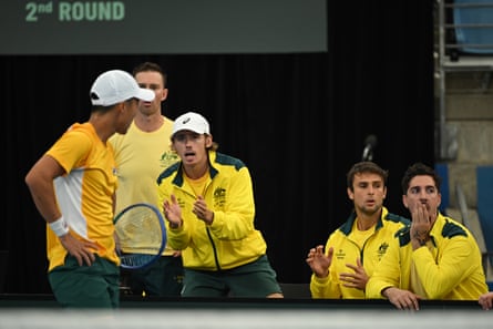 Alex de Minaur cheers connected Rinky Hijikata and Jordan Thompson successful their qualifying 2nd information doubles match.