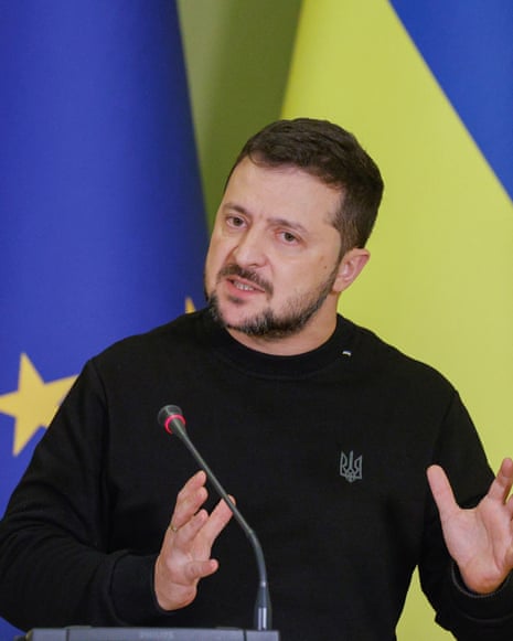 Volodymyr Zelenskiy addresses a joint press conference with European Commission president, Ursula von der Leyen, (not pictured) after their meeting in Kyiv, Ukraine