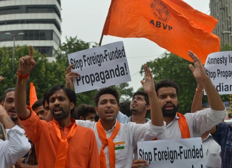 ABVP members protest in front of Amnesty office in DELHI