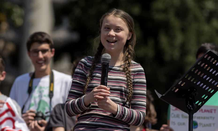 Greta Thunberg addressing a climate protest in Rome, April 2019