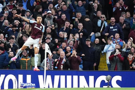 Aston Villa's Morgan Rogers celebrates after opening the scoring against Liverpool in front of the joyous home fans.