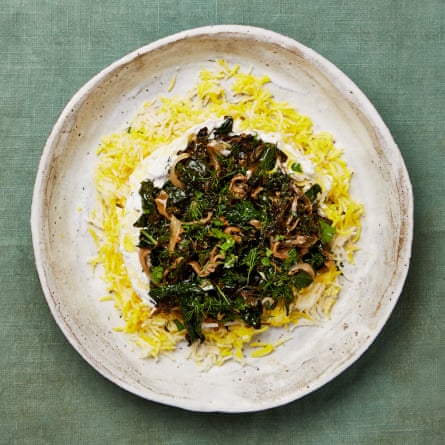 Yotam Ottolenghi’s braised greens with dried lime and saffron rice.