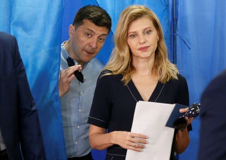 Volodymyr Zelenskiy and his wife, Olena, at a polling station during a parliamentary election in Kyiv, Ukraine, in July 2019.