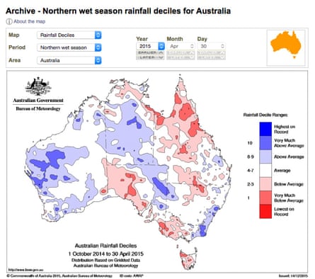 A graphic showing how much rainfall was above or below average in the northern Australian wet season of 2015.