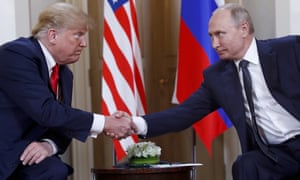 Trump and Putin shake hands at the beginning of a meeting at the Presidential Palace in Helsinki, Finland earlier this year. AP Photo/Pablo Martinez Monsivais