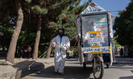 In Afghanistan’s capital Kabul, food carts have been converted into mobile disinfection units.