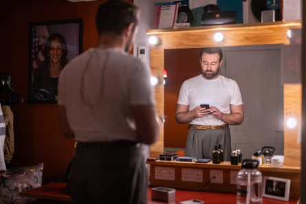 James McArdle in his dressing room at the Old Vic as he prepares for his role as Henry in Tom Stoppard’s The Real Thing. Obsessed with American politics and a staunch supporter of Kamala Harris’s bid for the White House, James decided to have her portrait hung in his dressing room for the duration of the run.