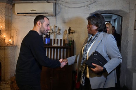 Ukraine minister of infrastructure Oleksandr Kubrakov (L) welcomes US Ambassador to the UN Linda Thomas-Greenfield (R) before their meeting in Kyiv.