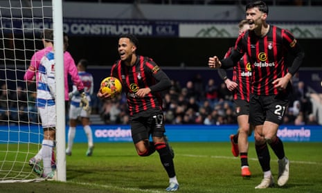 Bournemouth's Justin Kluivert (left) celebrates scoring his sides third goal to put the visitors ahead at Queens Park Rangers.