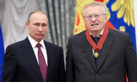 Vladimir Zhirinovsky, right, leader of the Liberal Democratic party, with the Russian president, Vladimir Putin, during an awards ceremony in Moscow in 2016.