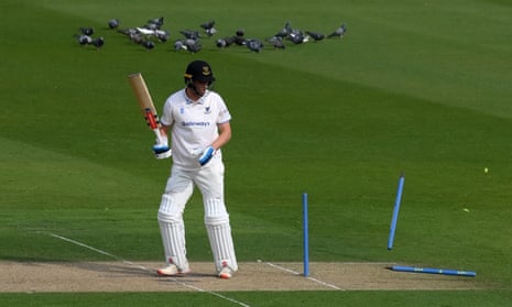 Tom Clark of Sussex is bowled by Middlesex’s Martin Andersson.