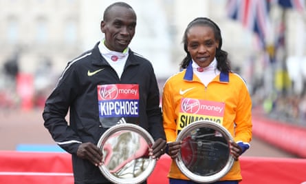 2016 London marathon winners, Eliud Kipchoge and Jemima Sumgong, also of Kenya.