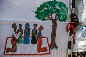 A banner in the UN Mission for South Sudan (Unmiss) protection of civilians site in Bentiu