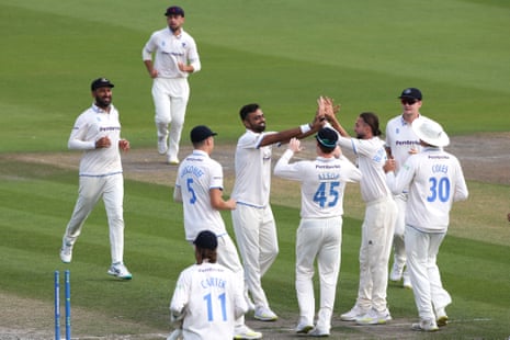 Sussex bowler Jaydev Unadkat celebrates taking the wicket of Colin Ackermann.
