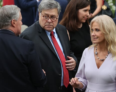 Mark Meadows, William Barr and Kellyanne Conway in the Rose Garden after Donald Trump introduced Amy Coney Barrett as his nominee to the supreme court.