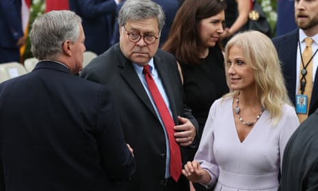 Mark Meadows, William Barr and Kellyanne Conway in the Rose Garden after Donald Trump introduced Amy Coney Barrett as his nominee to the supreme court.