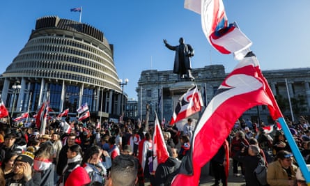 Protesters criticise the NZ government for policies they say undermine the Treaty of Waitangi, outside the New Zealand parliament in Wellington on 30 May, 2024.