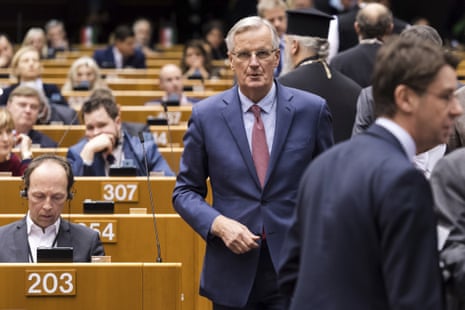 European Union chief Brexit negotiator Michel Barnier arrives for a plenary session at the European Parliament in Brussels on Wednesday Jan. 30, 2019.