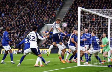 Micky van de Ven of Tottenham Hotspur scores his team's first goal with a header.