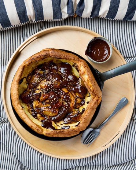 Ravinder Bhogal’s Dutch baby with caramelised pears tahini and dark chocolate sauce